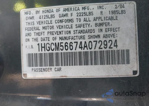 2004 Honda Accord 2.4 Ex z USA, uszkodzony, nr VIN 1HGCM56674A072924